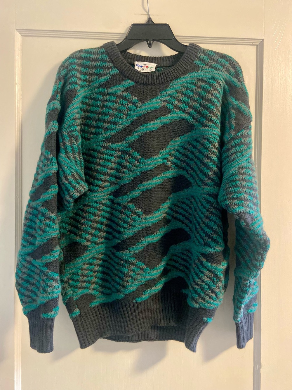 Vtg 90s Sovrano Australia 3D Knit Wool Sweater Mens M Teal Grey Cosby Woolmark